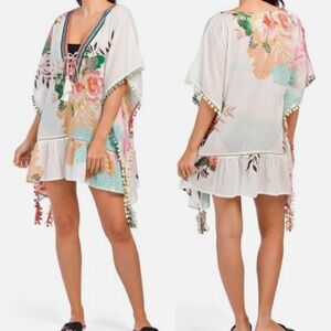 Z&L Europe Floral Print Airy 100% Cotton Pom-Pom Caftan Swim Cover Up OS